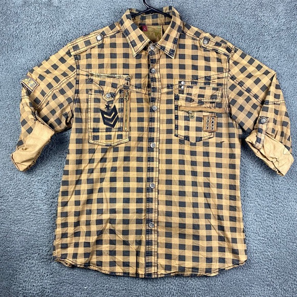 Mens F.U.S.A.I Jeans Shirt Large Button Up Plaid Long Sleeve Distressed Details - Picture 1 of 14